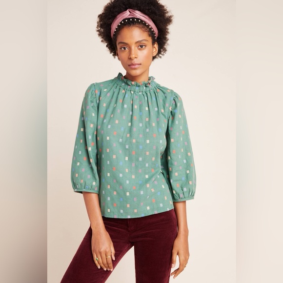 Ro & De Isabetta High Neck Long Sleeve Blouse Green - Picture 1 of 9